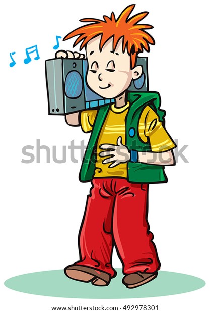 Young Boy Boom Box On His Stock Vector (Royalty Free) 492978301