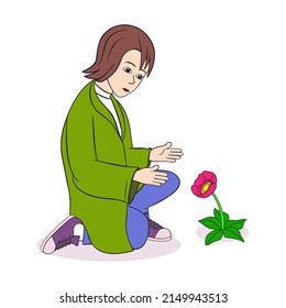 young boy bowed in front of a lonely flower, cartoon, on a white background