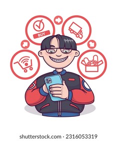 Young boy with braces order thing, shopping online via mobile phone. Concept of fast delivery products. Special offers at online stores. Vector flat illustration in funny cartoon style
