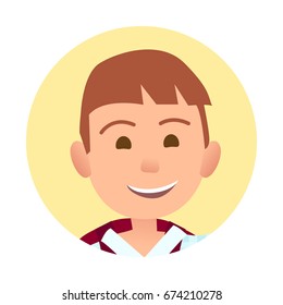 Young boy with broad sincere smile portrait inside yellow circle isolated vector illustration on white background. Childish emotional cartoon face.