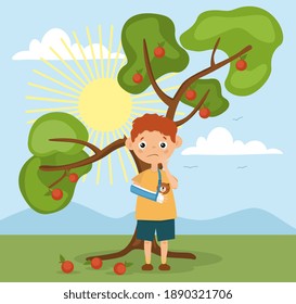 Young boy with a broken arm standing outdoors under a fruit tree with fallen fruit on a sunny summer day, colored cartoon vector illustration