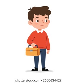 A young boy with brown hair stands holding a yellow lunchbox, smiling. He is wearing a red sweater and blue pants.