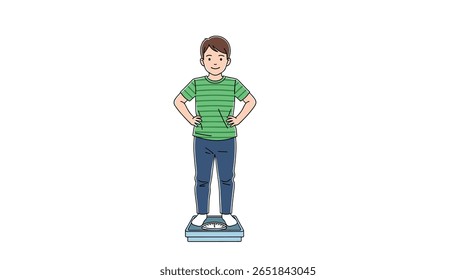 A young boy with brown hair stands on a bathroom scale with a confident expression on his face and his hands on his hips