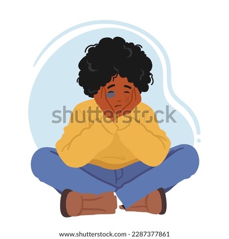 Young Boy with Bruises on Face Sitting on Floor, Child Suffer From Domestic Violence. The Image Can Be Used To Raise Awareness Or Promote Campaigns Against Violence. Cartoon People Vector Illustration