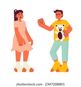 Young boy bullying little girl in tears semi flat color vector characters. Bully kid stealing bear toy. Editable full body people on white. Simple cartoon spot illustration for web graphic design