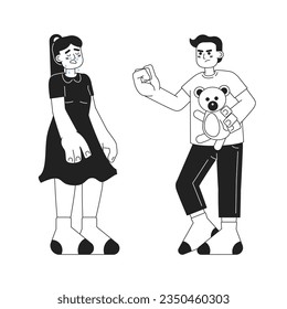 Young boy bullying little girl in tears monochromatic flat vector characters. Bully kid stealing bear toy. Editable thin line people on white. Simple bw cartoon spot image for web graphic design