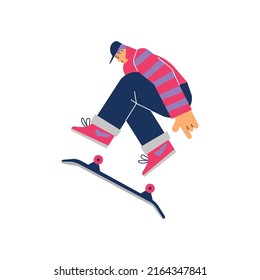 Young boy in cap doing difficult trick on skateboard flat style, vector illustration isolated on white background. Jumping skater character, upside down board