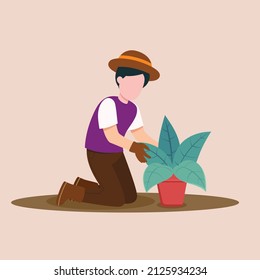 Young boy with cap doing garden job. Planting and growing for potted flowers or herbs. Gardening concept. Flat vector illustration.