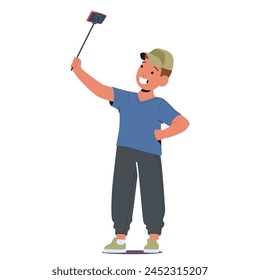 Young Boy Capturing A Selfie Isolated on White Background. Kid Character Grinning, Arm Extended, With A Gleeful Expression, Immersed In The Joy Of The Moment. Cartoon People Vector Illustration