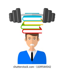 Young boy carring a heavy pile of books. Education concept. Vector illustration