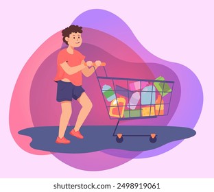 Junge mit Produkten im Warenkorb im Supermarkt. Cartoon-Figur, die Käufe von sich selbst flache Vektorgrafik. Shopping, Kindheitskonzept für Banner oder Landing Page