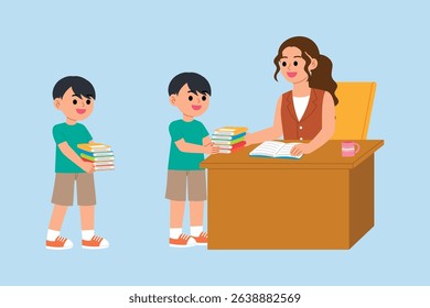 Young Boy Carrying Stack of Assignment Books to Homework Submission illustration, Young boy submitted the homework notebook at the teacher’s desk.
