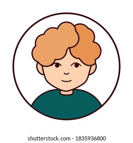 young boy cartoon character, round line icon vector illustration