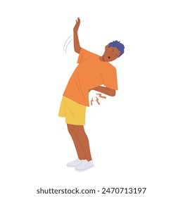 Young boy cartoon character screaming feeling acute pain in lower back vector illustration