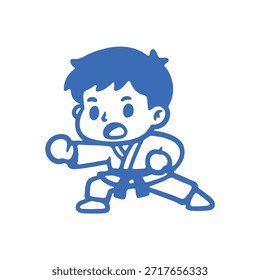 Icono de dibujos animados de niño joven que demuestra la postura de lucha de karate