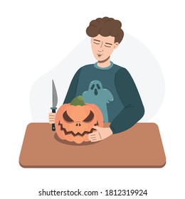 Young boy carves a pumpkin for Halloween. Preparation for the autumn holiday.Vector flat illustration.