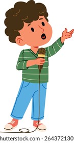 A young boy in casual clothes sings passionately holding a microphone. The child gestures expressively while performing on stage. Cartoon vector illustration.