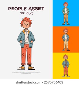 young boy in a casual shirt and jacket, standing pose illustration. Doodle hand-drawn minimalist style with simple line vector design in EPS format, perfect for fashion, branding, and creative project