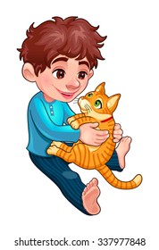 Young boy with cat. Cartoon vector isolated illustration