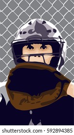 Young boy in a catching position playing baseball with mitt and gear waiting for pitch with a fence background vector illustration.