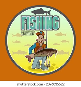 The young boy caught a big fish. For fridge magnets design, sticker, coaster design etc.