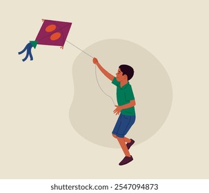 Young boy celebrating Makar Sankranthi festival with colorful kite vector illustration for social media banner 