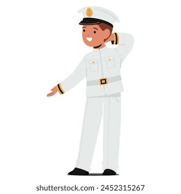 Young Boy Character Adorned In A White Captain Costume and Cap, Exudes Joy And Adventure, His Eyes Alight With The Excitement Of Imaginary Voyages. Cartoon People Vector Isolated Illustration