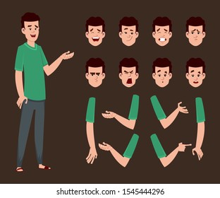 Young Boy Character For Animation Or Motion With Different Facial Emotions And Hands. Character Sheet For Your Design, Animation, Motion Or Something Else.