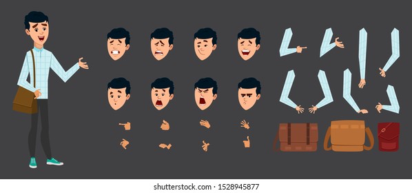 young boy character with different facial expression, hand poses and various type of bag. Custom character for design, motion or animation.