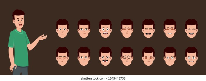Young boy character with different facial expression set. Character sheet for your design, animation, motion or something else.