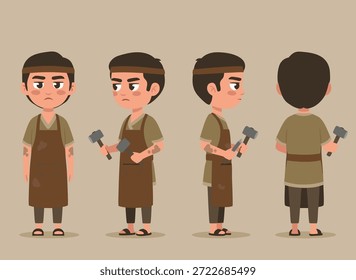 Un personaje de niño joven, vestido como un herrero, se muestra desde múltiples ángulos, incluidas las vistas frontal, lateral y posterior. Sostiene un martillo.
