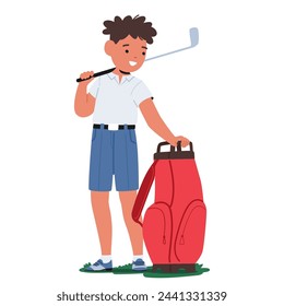 Young Boy Character, Filled With Enthusiasm, Clutches A Golf Club In One Hand And A Bag In The Other, Ready For A Day On The Green. Little Child at Golfing Class. Cartoon People Vector Illustration