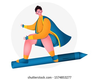 Young Boy Character Flying from Pencil on White Background.