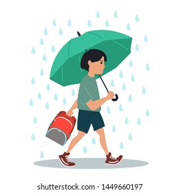 Young boy character goes from school under a rain.Vector illustration on white background in cartoon style