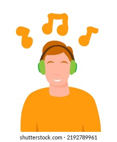 Young boy character with headphones listening music vector concept. Flat colorful illustration isolated on white background.