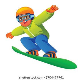 Personaje de niño joven en una tabla de snowboard verde en una pose dinámica con ropa de invierno brillante, casco y gafas, aislado en blanco. Vector ilustración de dibujos animados