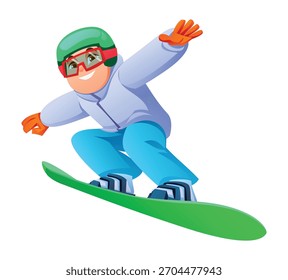 Personaje de niño joven en una tabla de snowboard verde en un salto en el aire con pantalones de nieve, casco y gafas, aislado. Vector ilustración de dibujos animados