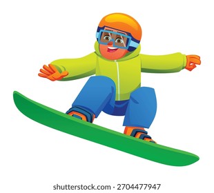 Personaje de niño joven en una tabla de snowboard verde en una pose de salto dinámico con ropa de invierno brillante, casco y gafas, aislado. Vector ilustración de dibujos animados
