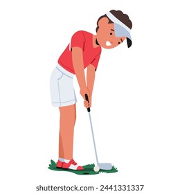 Young Boy Character In A Polo Shirt And Cap, Focuses Intently, Swinging His Golf Club With Precision, Aiming For The Distant Green. Little Child Enjoying Golf Game. Cartoon People Vector Illustration
