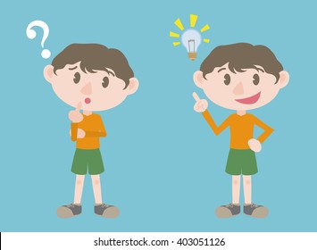 young boy character, posing question and inspiration, vector illustration