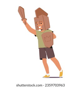 Young Boy Character Proudly Dons A Homemade Cardboard Knight Costume, Shield and Sword, His Imagination Transforming Him Into A Valiant Warrior On An Epic Adventure. Cartoon People Vector Illustration