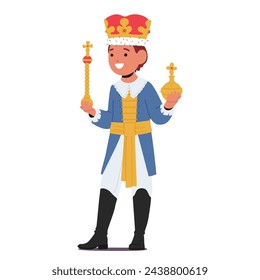 Young Boy Character In A Regal King Costume, Exudes Majesty With Golden Crown, Scepter And A Majestic Sash, His Eyes Sparkling With Joy Of Make-believe Royalty. Cartoon People Vector Illustration