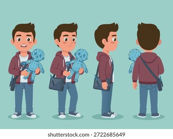 Um jovem personagem mostrado de diferentes ângulos, segurando um ursinho de pelúcia azul. Ele usa capuz e jeans.