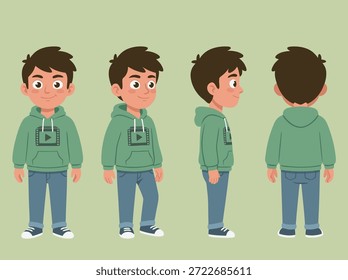 Un personaje de niño joven se muestra desde el frente, el lado y la espalda, con una sudadera con capucha y pantalones vaqueros.
