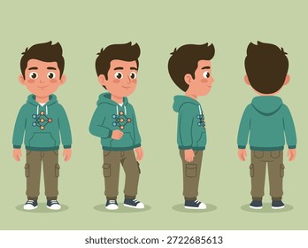 Un personaje de niño joven que se muestra desde el frente, el lado y la espalda, con una sudadera con capucha verde azulado y pantalones marrones.