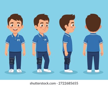 Um jovem rapaz que aparece de frente, de lado e de trás, vestindo uma camisa polo azul e calças escuras.