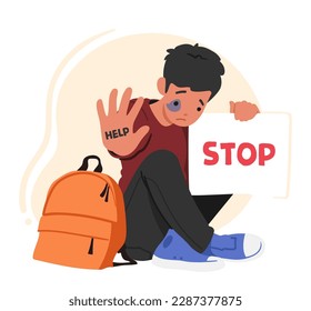 Young Boy Character with Signs of Beatings on Face Holds Banner With Word Stop, Symbolizing Fight Against Domestic Violence or Bullying. Powerful Message Against Abuse. Cartoon Vector Illustration