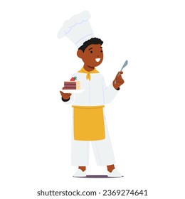 Young Boy Character Wearing Chef Uniform Proudly Holds A Cake On A Plate, His Face Beaming With Excitement As He Showcases His Culinary Creation To The World. Cartoon People Vector Illustration