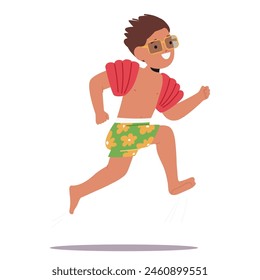 El Personaje De Niño Joven Que Usa Gafas, Bandas Rojas Inflables Para Los Brazos Y Troncos De Baño Florales Es Captado A Mitad De Carrera, Sonriendo Alegremente. Ilustración vectorial De Dibujos Animados De Diversión De Verano Y Emoción Infantil