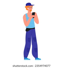 Young boy chatting on mobile. Social media user, teenager calling by cell vector illustration